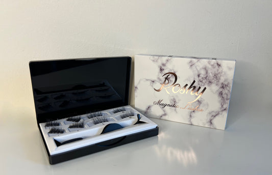 Roshy Magnetic Lashes, the box contains 2 pairs of half lashes and one pair of 3/4 length lashes for more dramatic look!